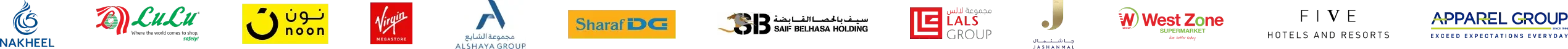 Client logos including Nakheel, LuLu, noon, Virgin Megastore, Alshaya Group, Sharaf DG, and Saif Belhasa Holding